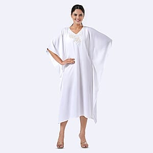 Tamsy White Bead and Crystal Polyester Crepe Kaftan - One Size Fits Most