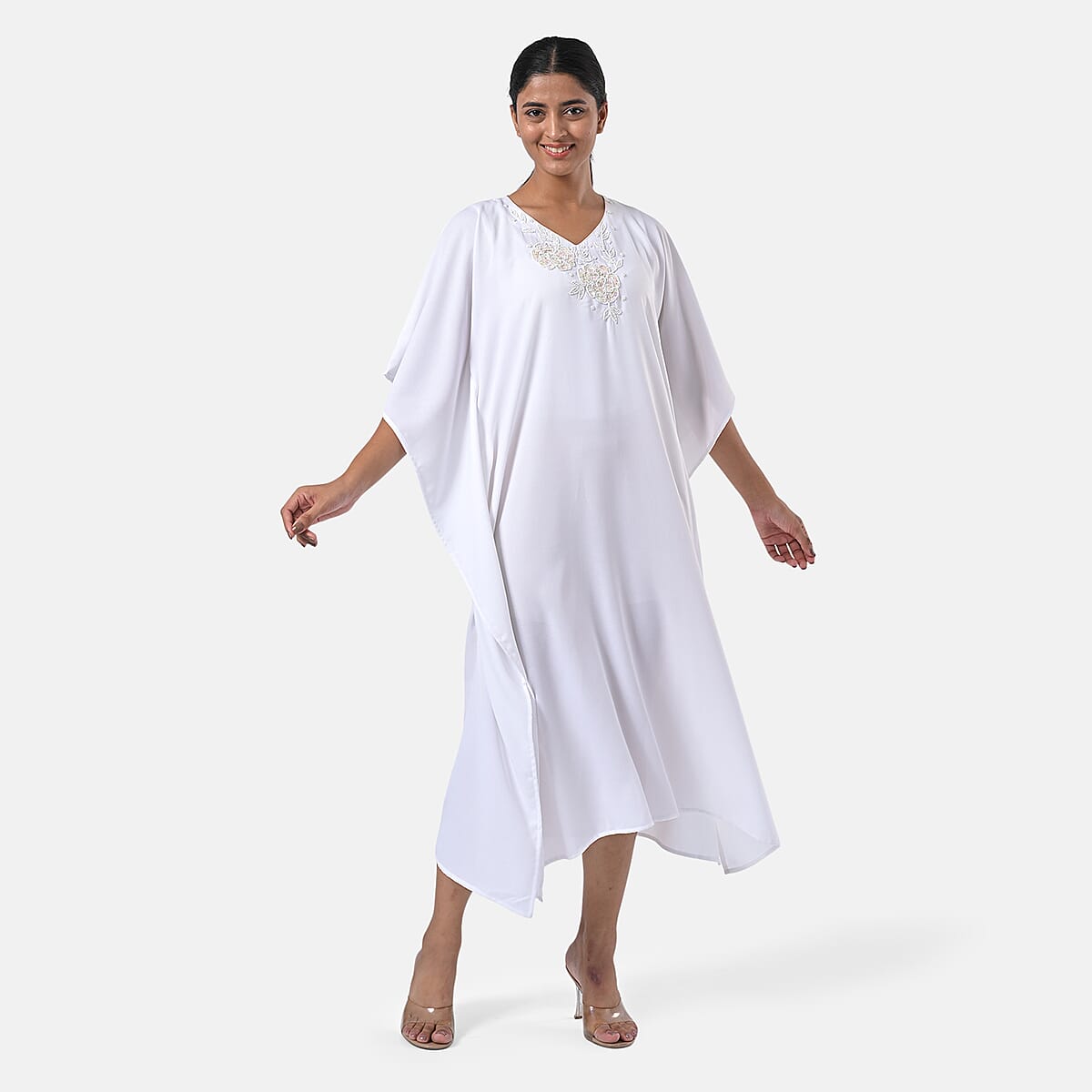 Tamsy White Bead and Crystal Polyester Crepe Kaftan - One Size Fits Most image number 3