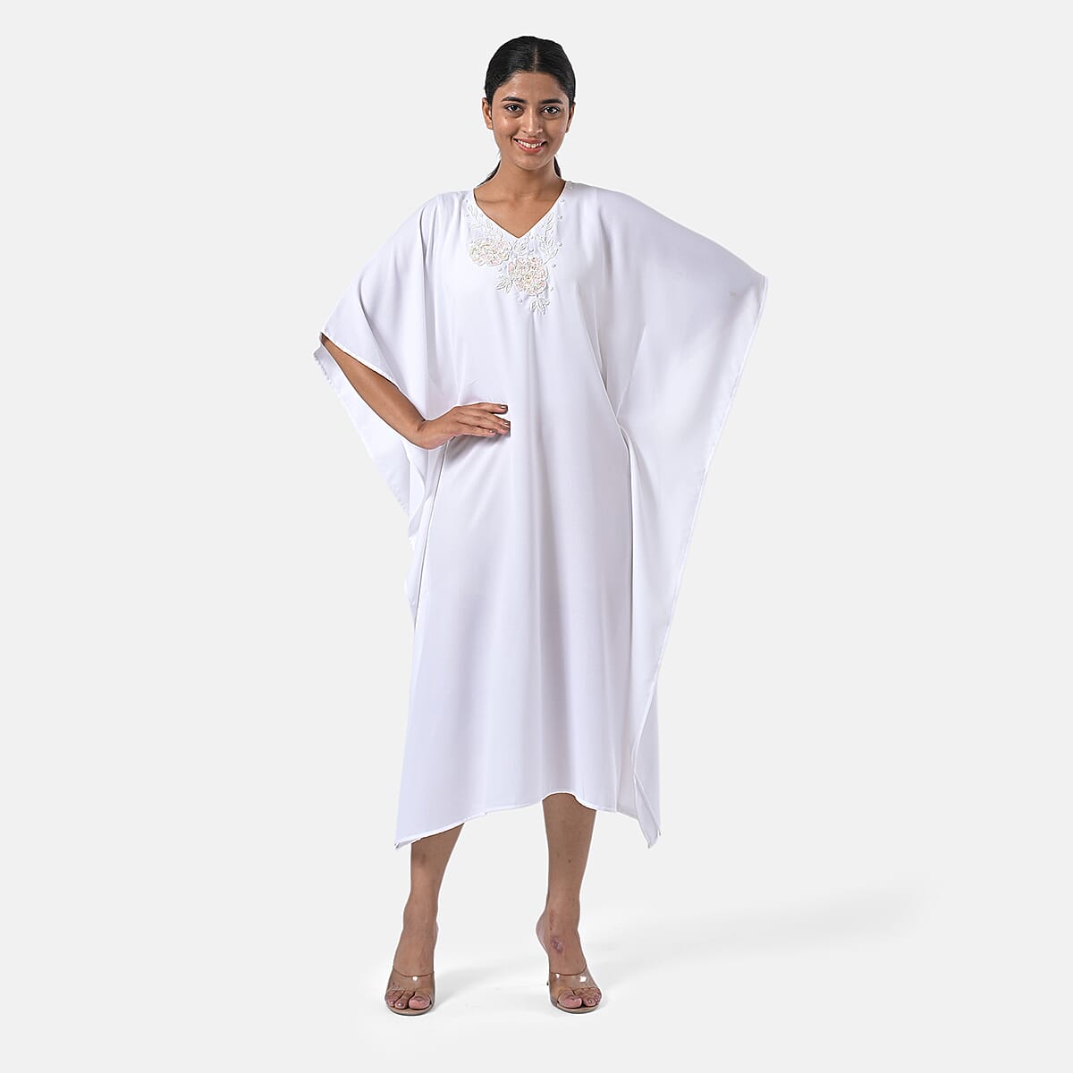 Tamsy White Bead and Crystal Polyester Crepe Kaftan - One Size Fits Most image number 4