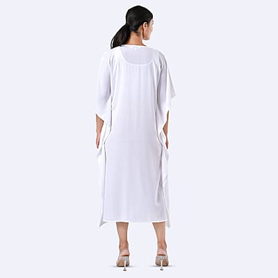 Tamsy White Bead and Crystal Polyester Crepe Kaftan - One Size Fits Most