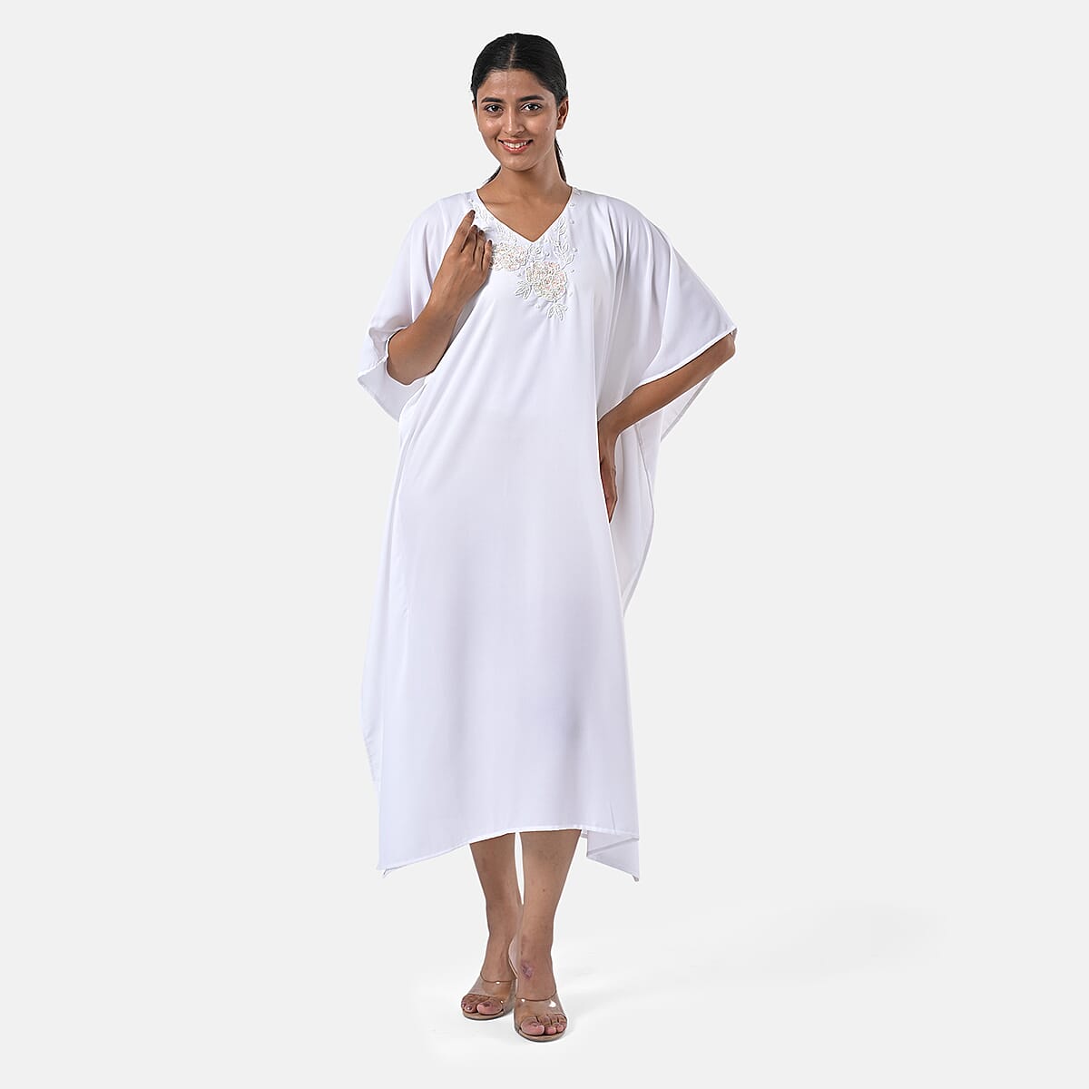 Tamsy White Bead and Crystal Polyester Crepe Kaftan - One Size Fits Most image number 5