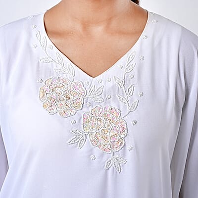 Tamsy White Bead and Crystal Polyester Crepe Kaftan - One Size Fits Most