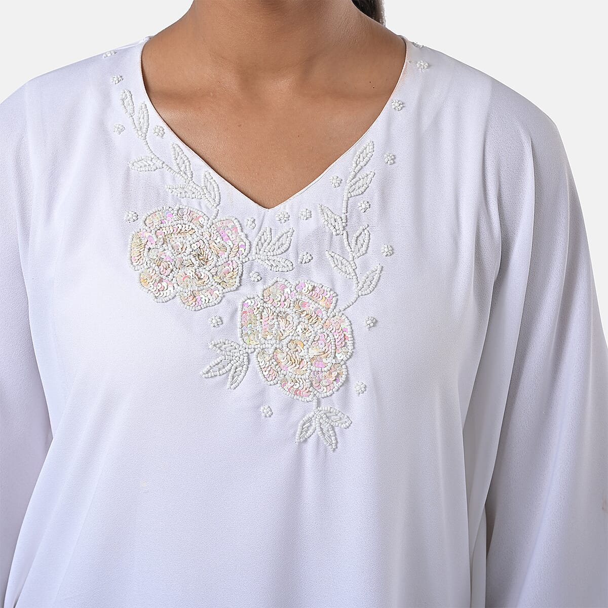 Tamsy White Bead and Crystal Polyester Crepe Kaftan - One Size Fits Most image number 6