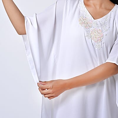 Tamsy White Bead and Crystal Polyester Crepe Kaftan - One Size Fits Most
