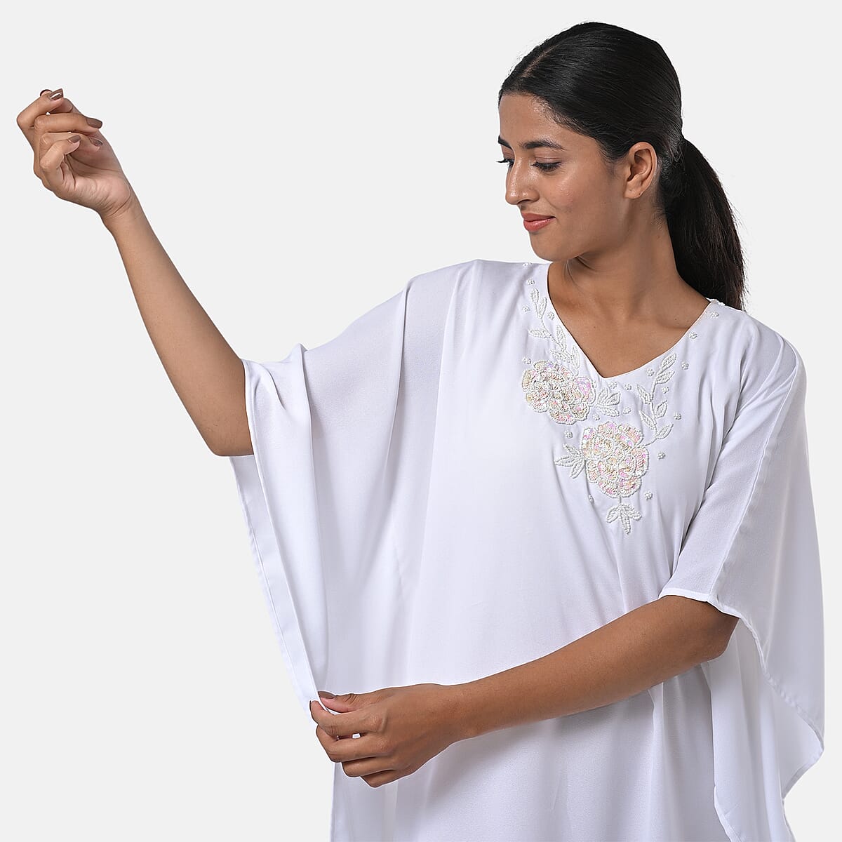 Tamsy White Bead and Crystal Polyester Crepe Kaftan - One Size Fits Most image number 7