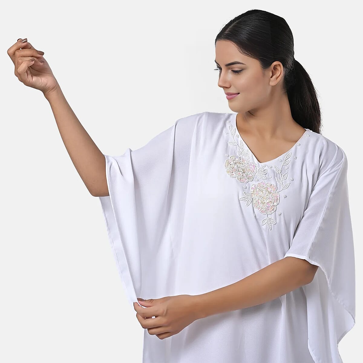 Tamsy White Bead and Crystal Polyester Crepe Kaftan - One Size Fits Most image number 8