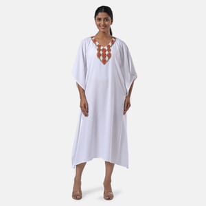 White and Orange Handwork Beaded V-neck Kaftan Poly Moss - One Size Fits Most 