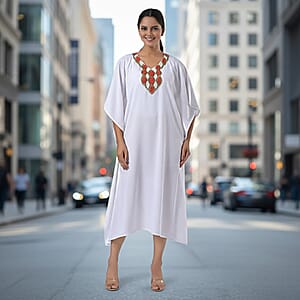 Tamsy White Orange Bead and Crystal Polyester Crepe Kaftan - One Size Fits Most