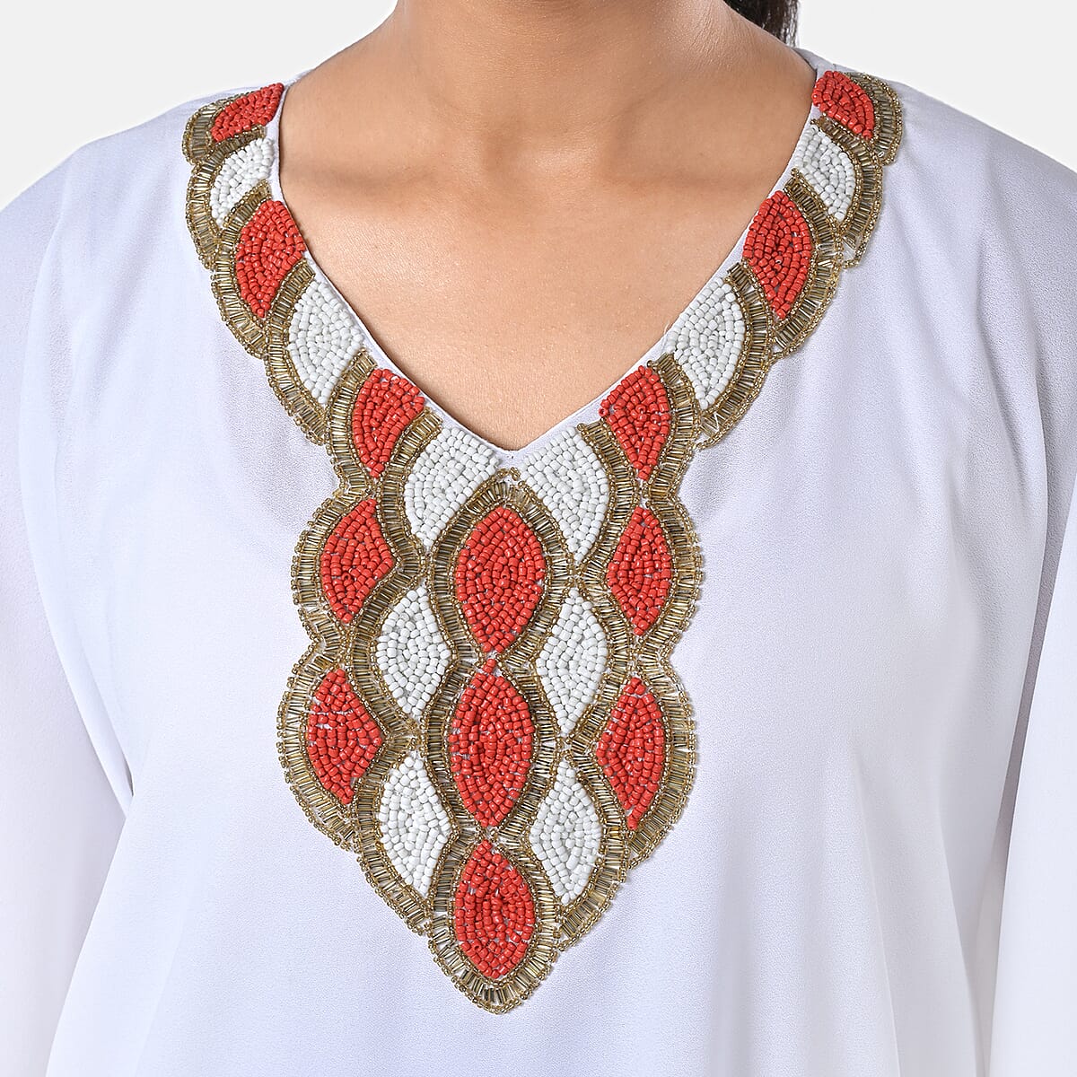 Tamsy White Orange Bead and Crystal Polyester Crepe Kaftan - One Size Fits Most image number 7