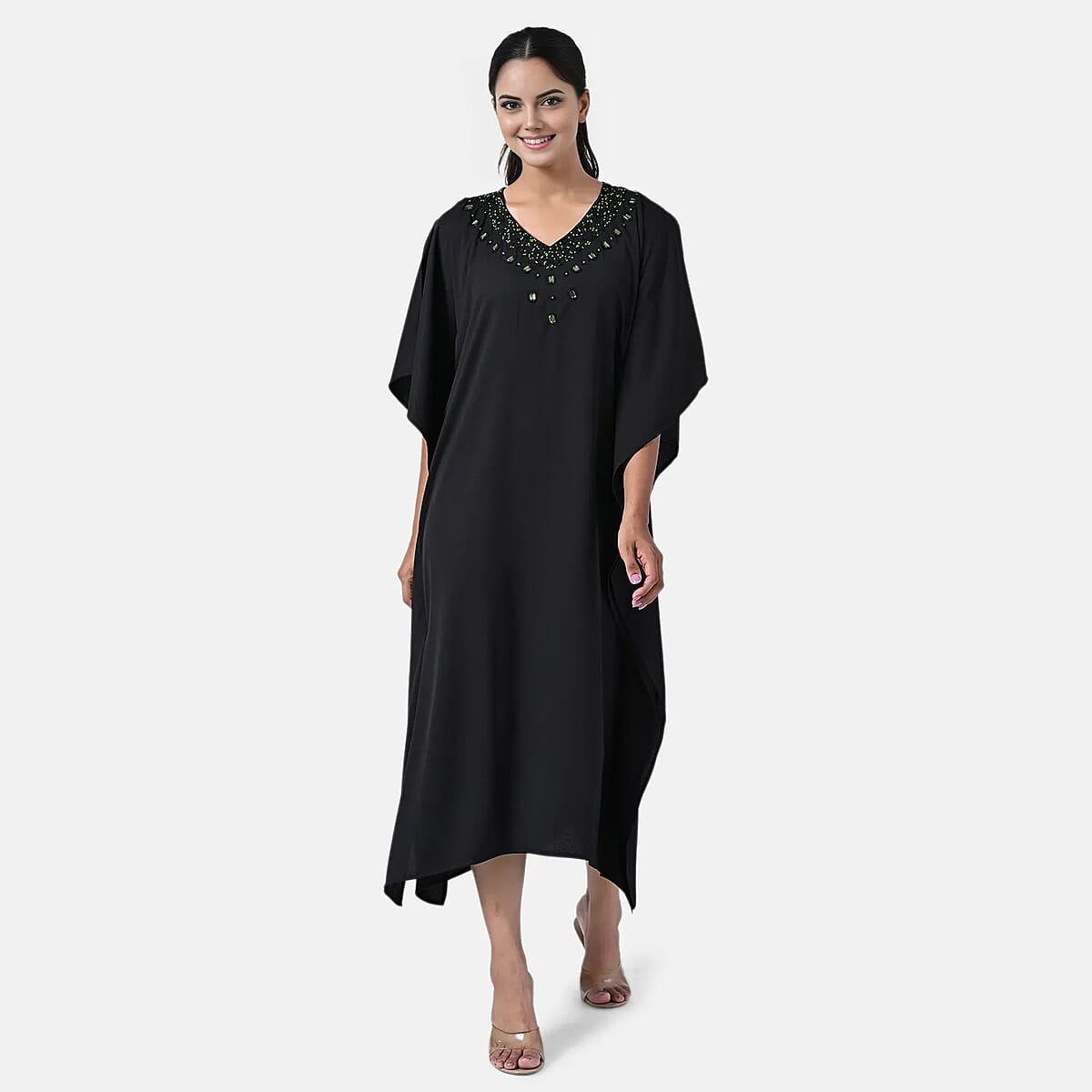 Tamsy Black Green Bead and Crystal Polyester Crepe Kaftan - One Size Fits Most image number 0