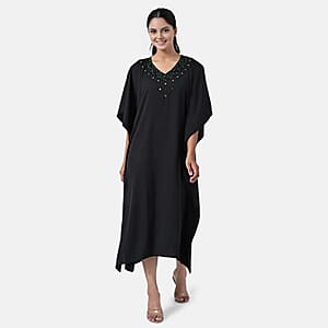 Tamsy Black Green Bead and Crystal Polyester Crepe Kaftan - One Size Fits Most