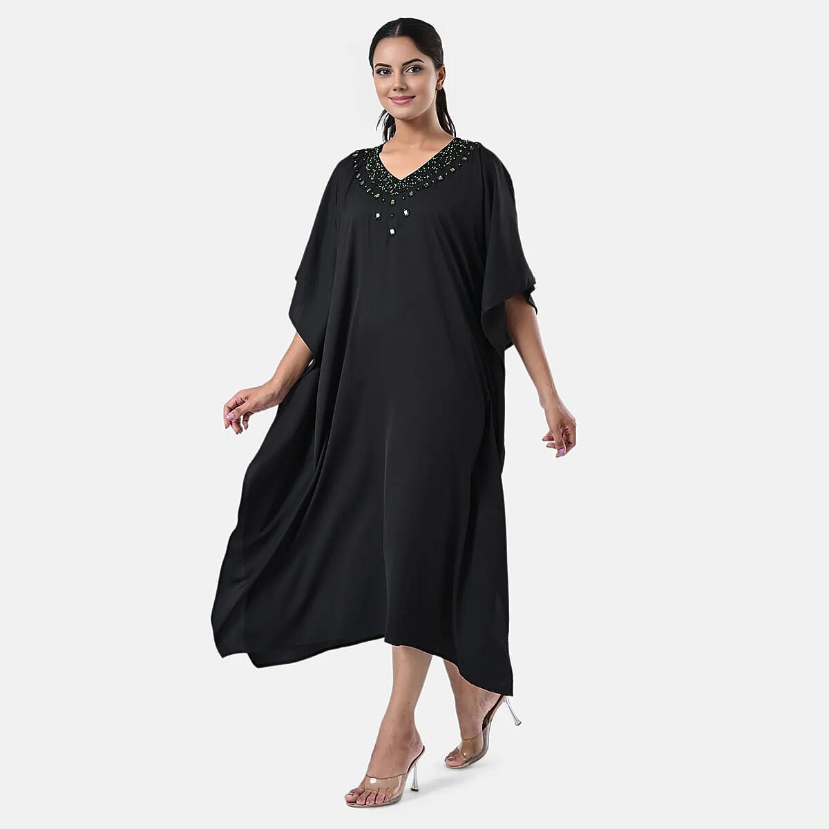Tamsy Black Green Bead and Crystal Polyester Crepe Kaftan - One Size Fits Most image number 1