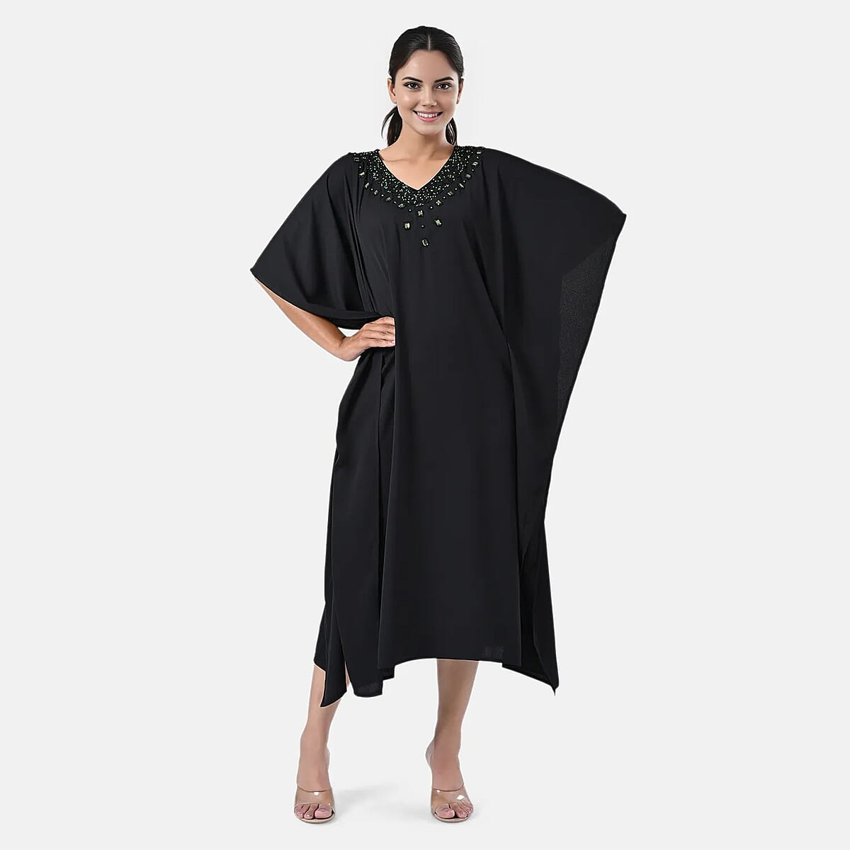 Tamsy Black Green Bead and Crystal Polyester Crepe Kaftan - One Size Fits Most image number 3