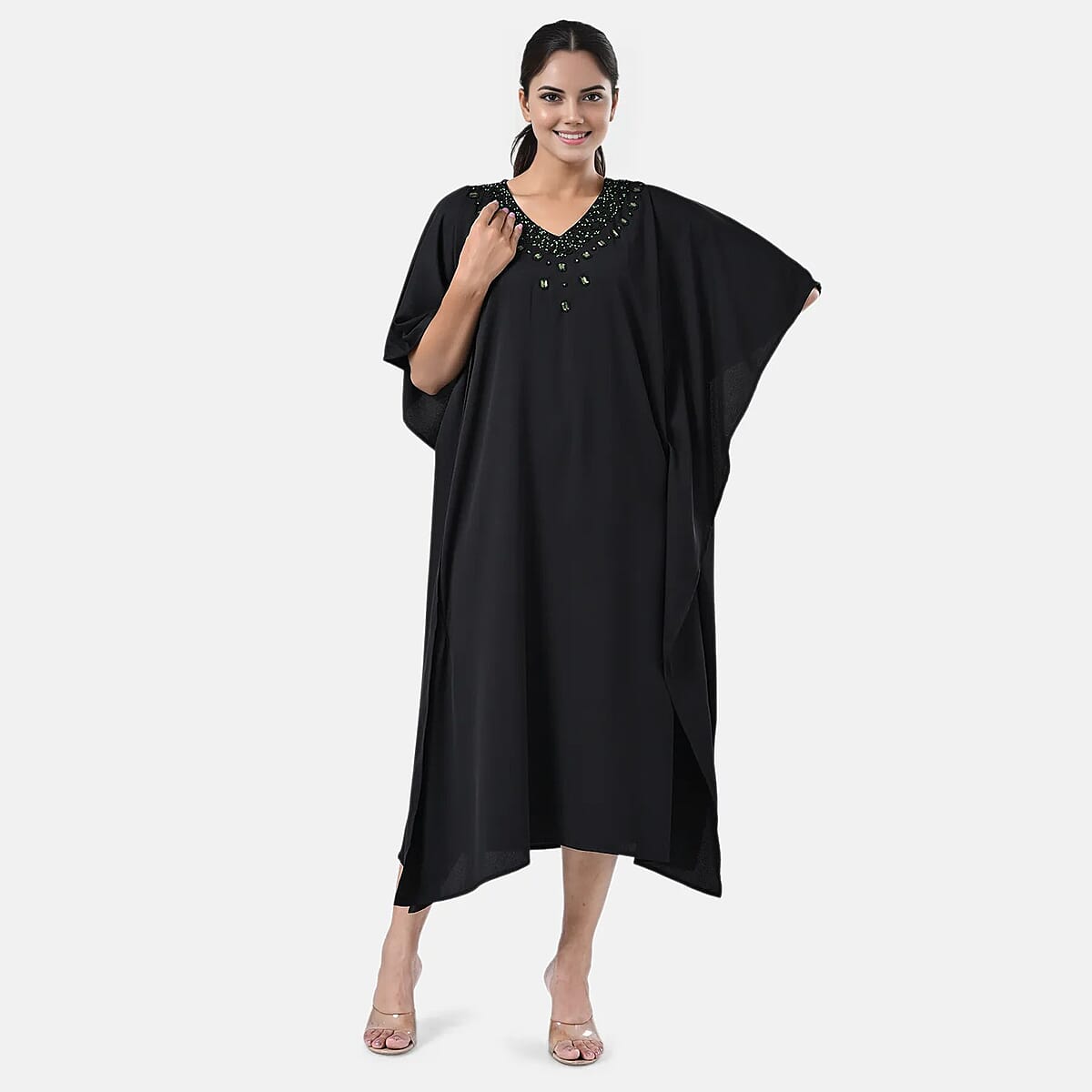 Tamsy Black Green Bead and Crystal Polyester Crepe Kaftan - One Size Fits Most image number 4