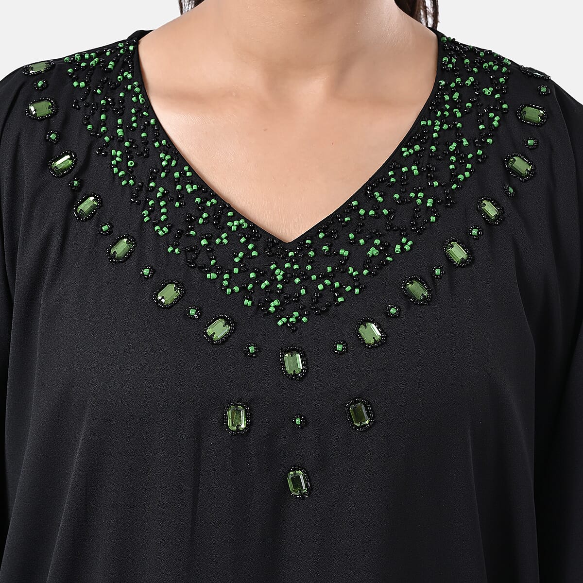 Tamsy Black Green Bead and Crystal Polyester Crepe Kaftan - One Size Fits Most image number 5
