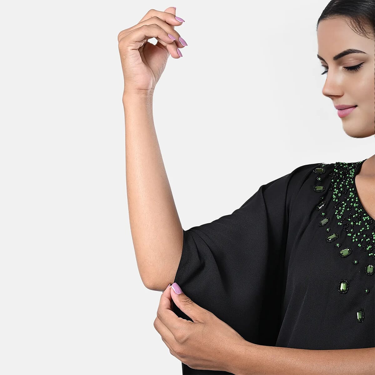 Tamsy Black Green Bead and Crystal Polyester Crepe Kaftan - One Size Fits Most image number 6