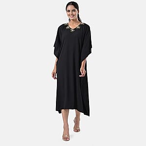 Tamsy Black Gold Bead and Crystal Polyester Crepe Kaftan - One Size Fits Most