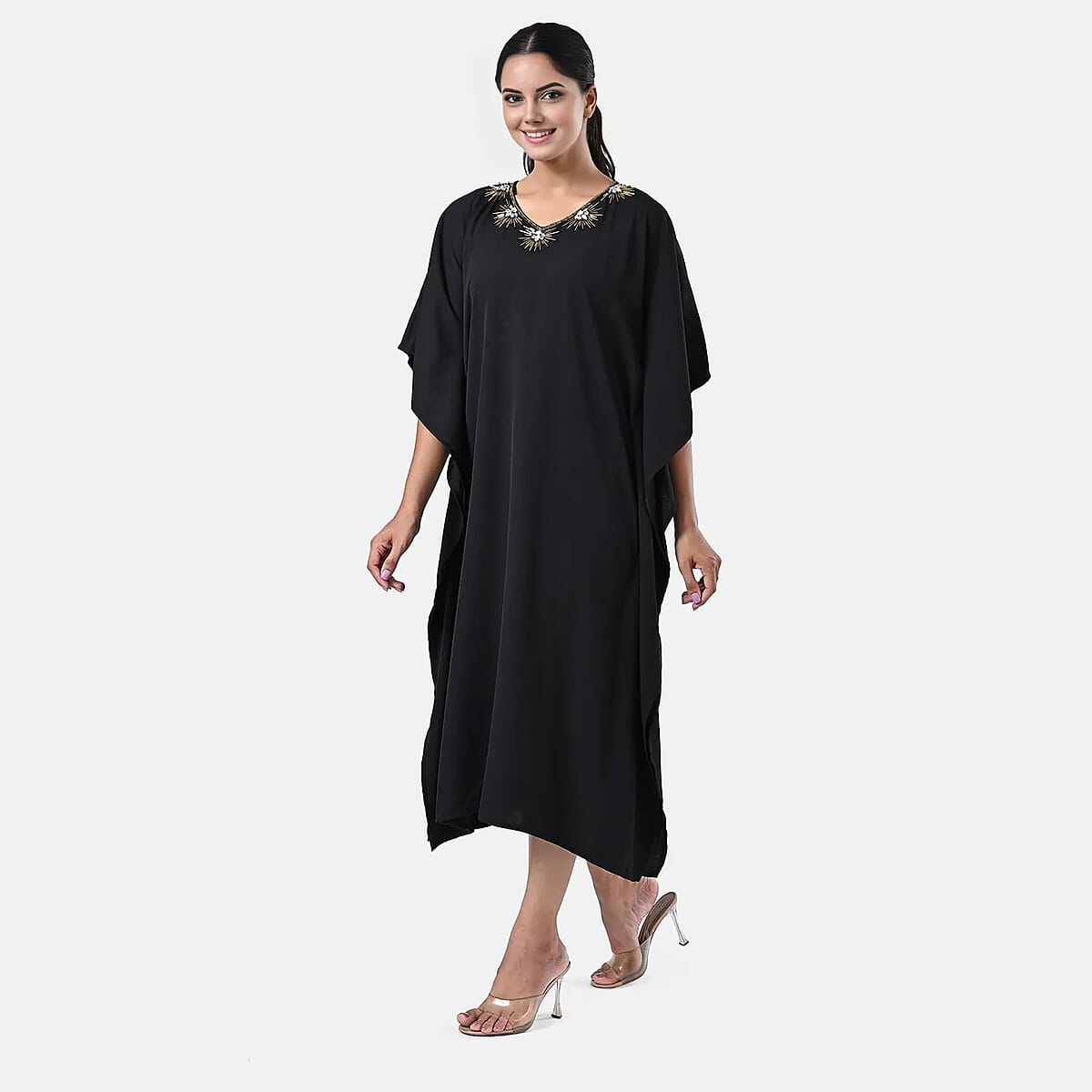 Tamsy Black Gold Bead and Crystal Polyester Crepe Kaftan - One Size Fits Most image number 1