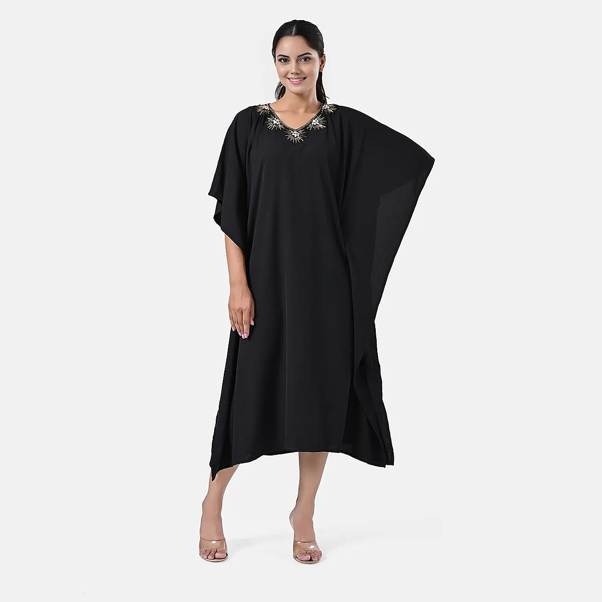 Tamsy Black Gold Bead and Crystal Polyester Crepe Kaftan - One Size Fits Most image number 3