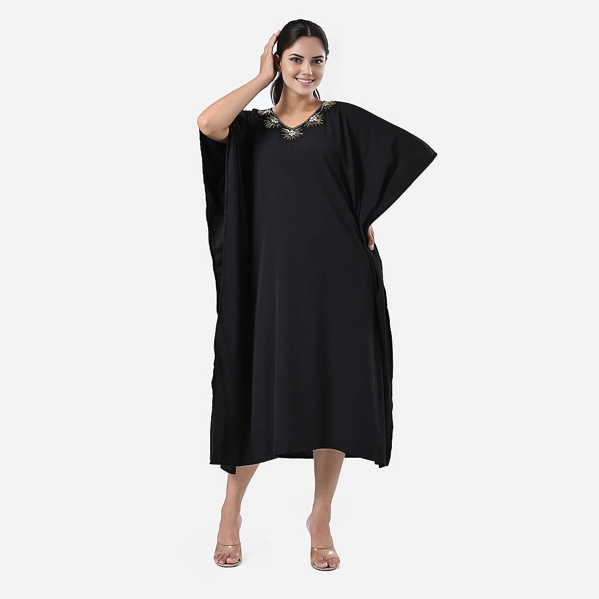 Tamsy Black Gold Bead and Crystal Polyester Crepe Kaftan - One Size Fits Most image number 4