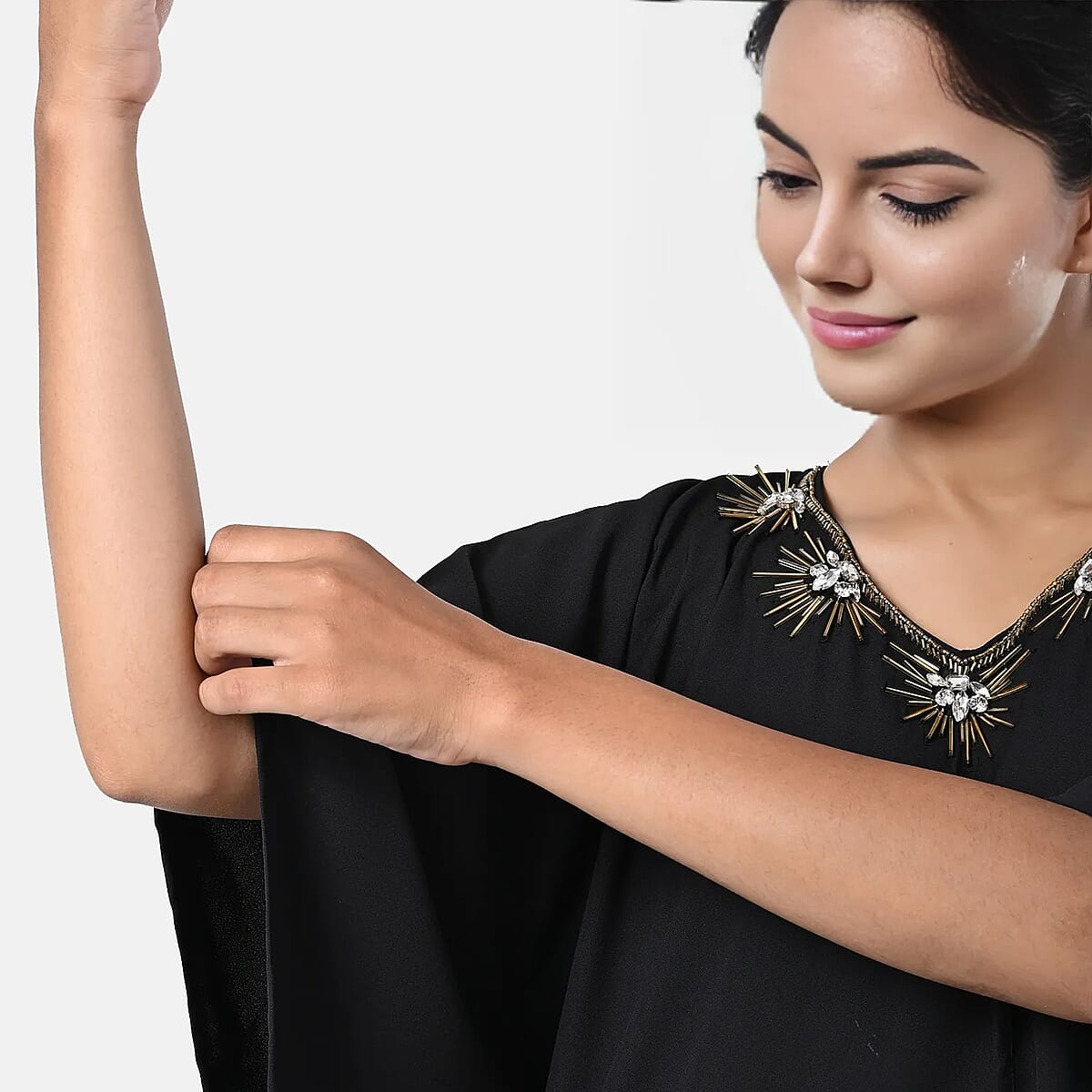 Tamsy Black Gold Bead and Crystal Polyester Crepe Kaftan - One Size Fits Most image number 7