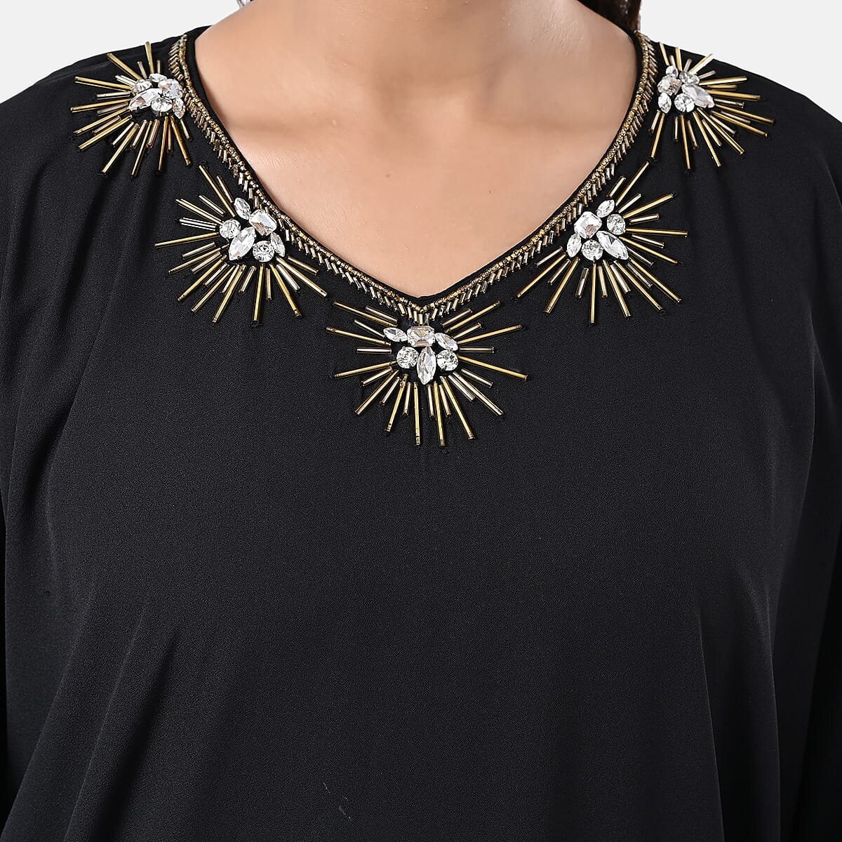 Tamsy Black Gold Bead and Crystal Polyester Crepe Kaftan - One Size Fits Most image number 8