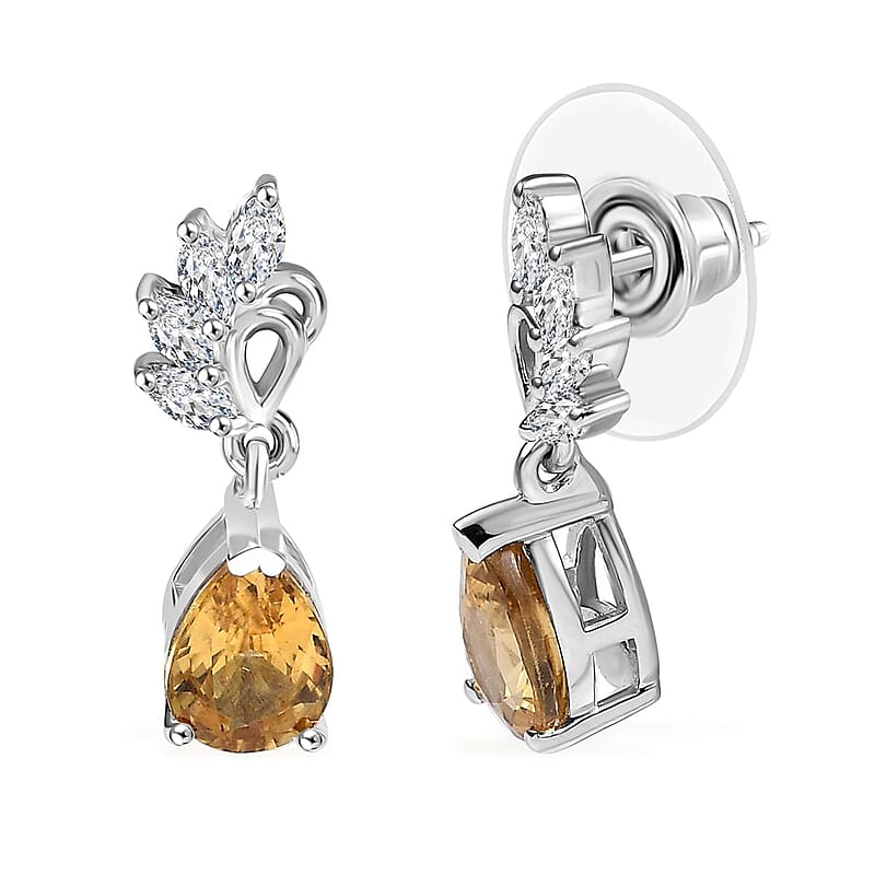 D'Joy Premium Tanzania Yellow Zircon and White Topaz 2.60 ctw Dazzle Drop Earrings in Rhodium Over Sterling Silver