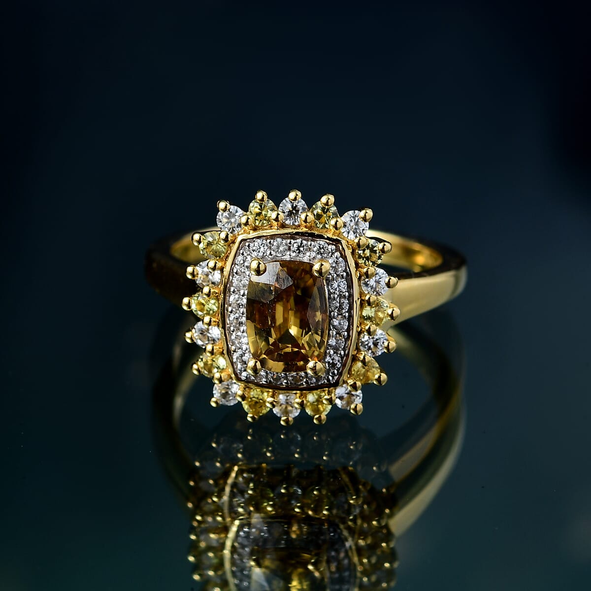D'Joy Premium Tanzania Yellow Zircon and Multi Gemstone 2.15 ctw Sunburst Serenity Ring in 18K Vermeil Yellow Gold Over Sterling Silver (Size 10.0) image number 1