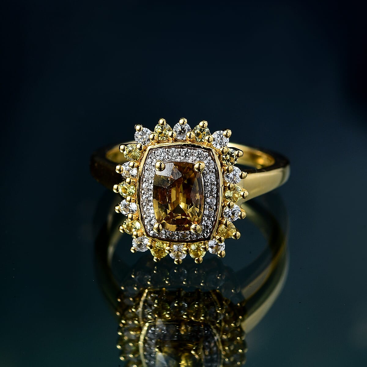 D'Joy Premium Tanzania Yellow Zircon and Multi Gemstone 2.15 ctw Sunburst Serenity Ring in 18K Vermeil Yellow Gold Over Sterling Silver (Size 6.0) image number 1