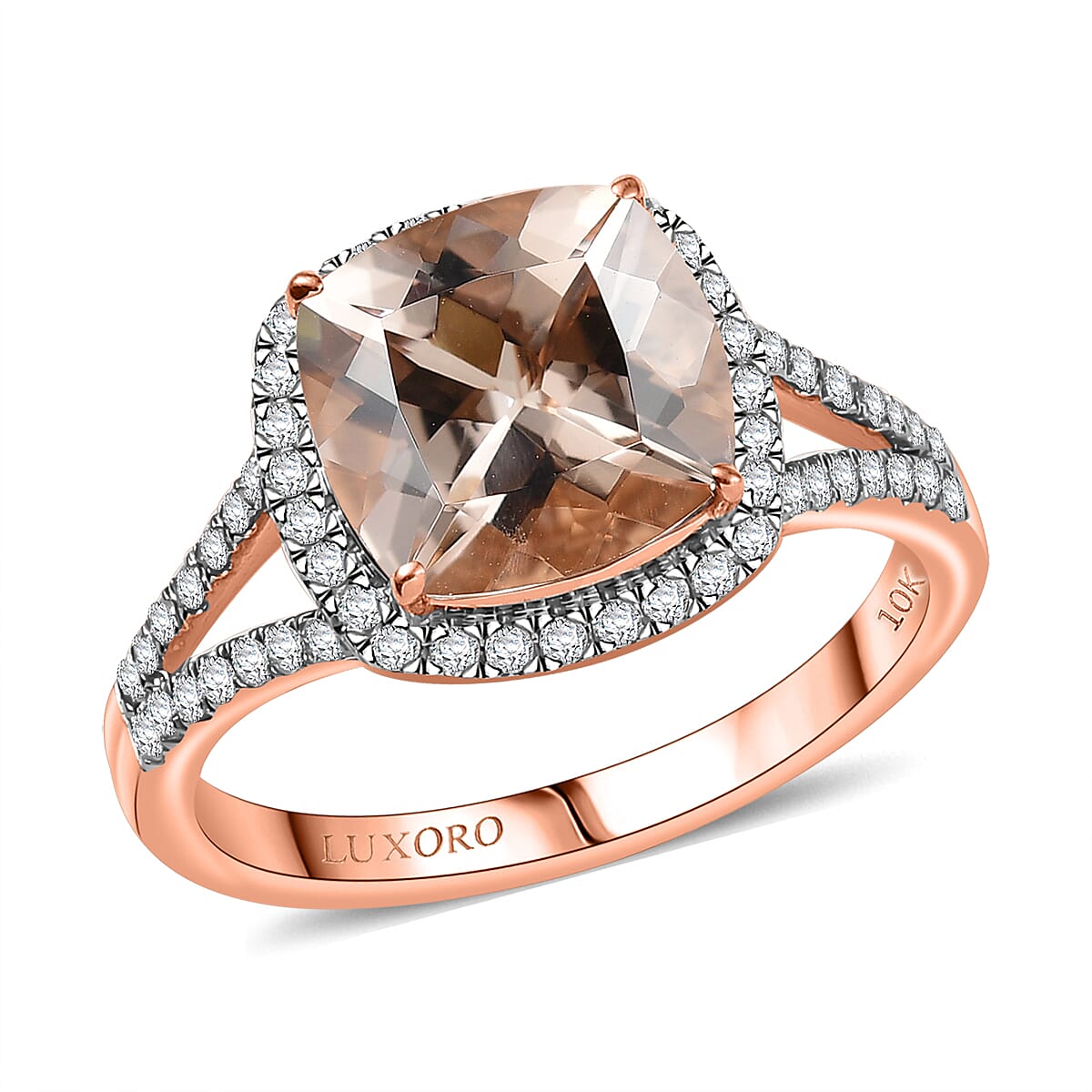 Certified & Appraised Luxoro AAA Marropino Morganite and G-H I2 Diamond 3.91 ctw Ring in 10K Rose Gold (Size 7.0) (Del. in 10-15 Days) image number 0