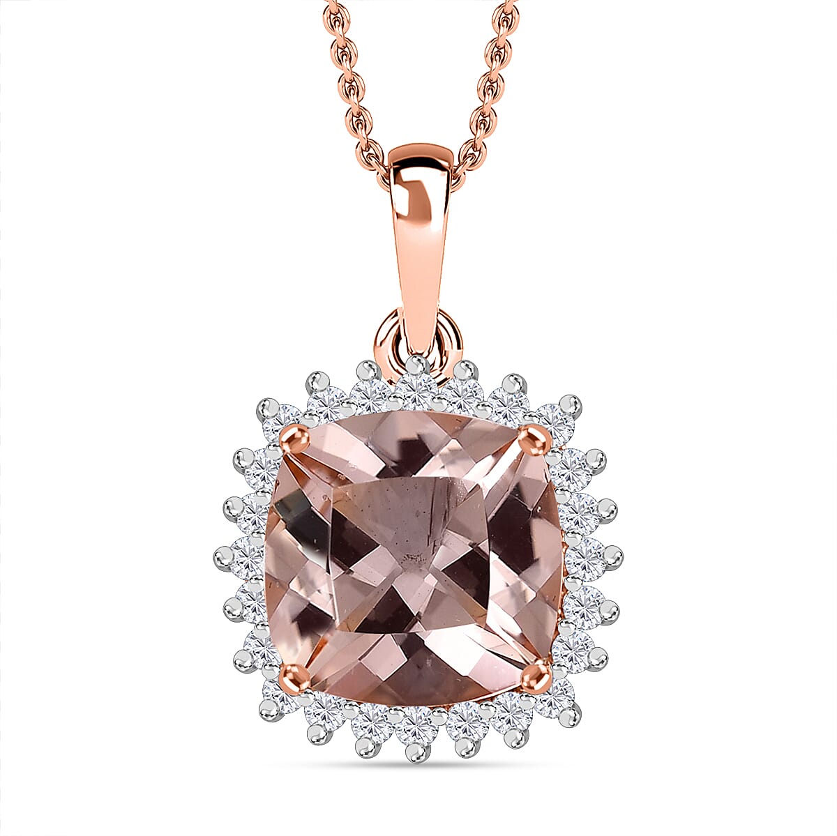 Luxoro 10K Rose Gold  AAA   Morganite ,  White Diamond  I2 Solitaire Pendant ,  Gold Wt. 1.5 g 4.14 ctw