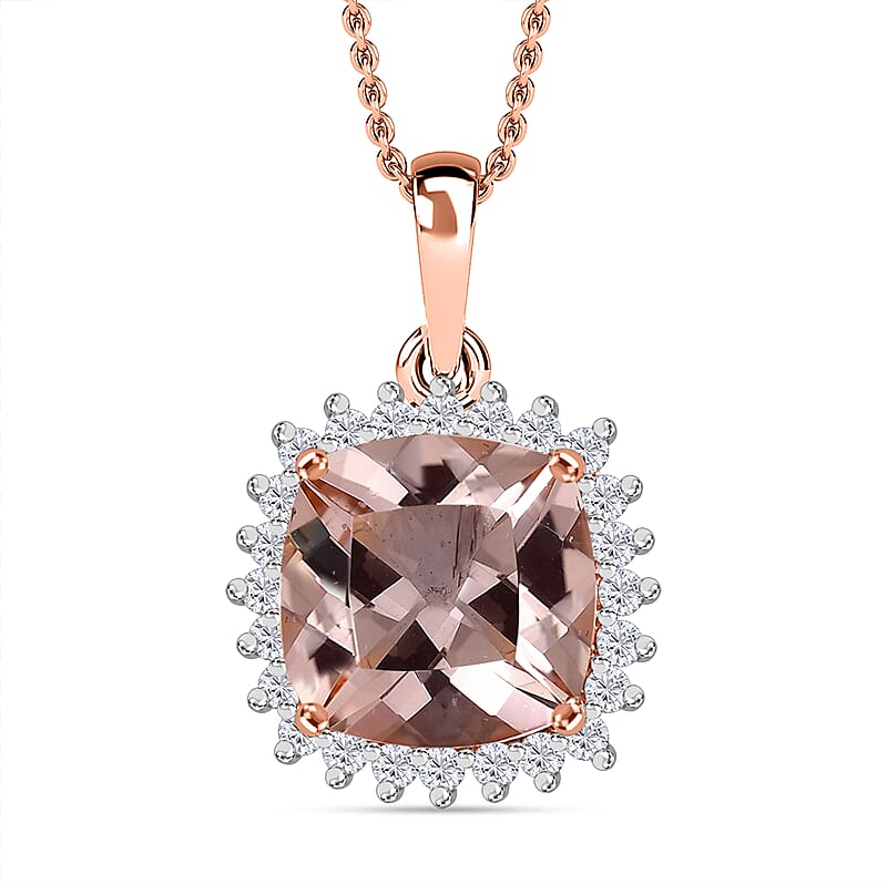 Luxoro 10K Rose Gold  AAA   Morganite ,  White Diamond  I2 Solitaire Pendant ,  Gold Wt. 1.5 g 4.14 ctw