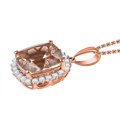 Luxoro 10K Rose Gold  AAA   Morganite ,  White Diamond  I2 Solitaire Pendant ,  Gold Wt. 1.5 g 4.14 ctw