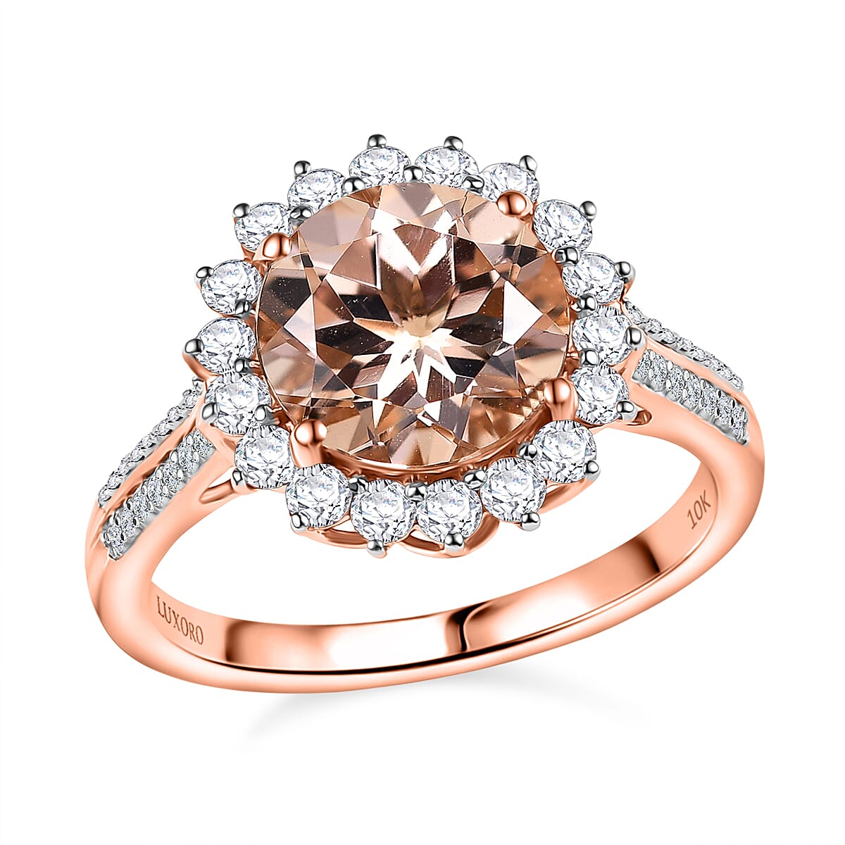 Certified & Appraised Luxoro AAA Marropino Morganite and G-H I2 Diamond 4.09 ctw Ring in 10K Rose Gold (Size 8.0) (Del. in 10-15 Days) image number 0