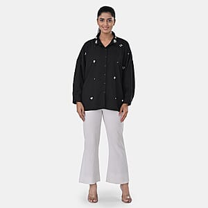 Black Embroidered Poly Moss Handwork Shirt- One Size
