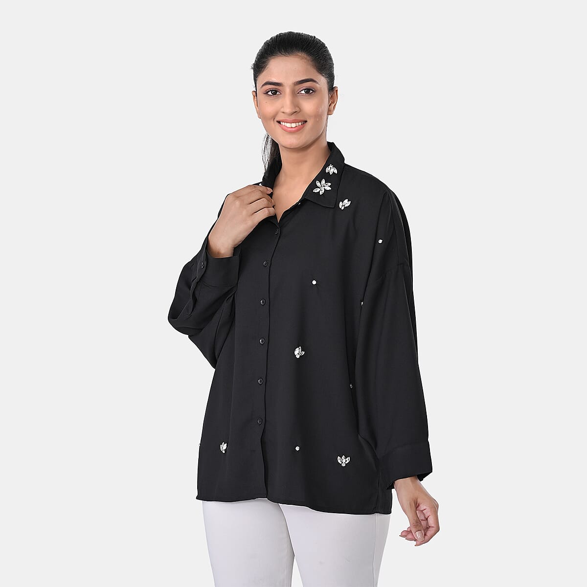 Black Embroidered Poly Moss Handwork Shirt- One Size image number 1