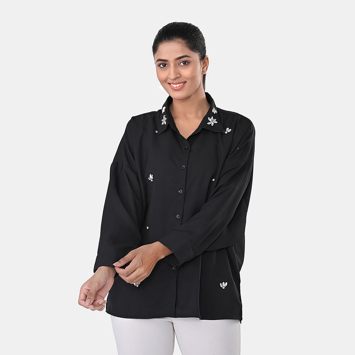 Black Embroidered Poly Moss Handwork Shirt- One Size image number 3