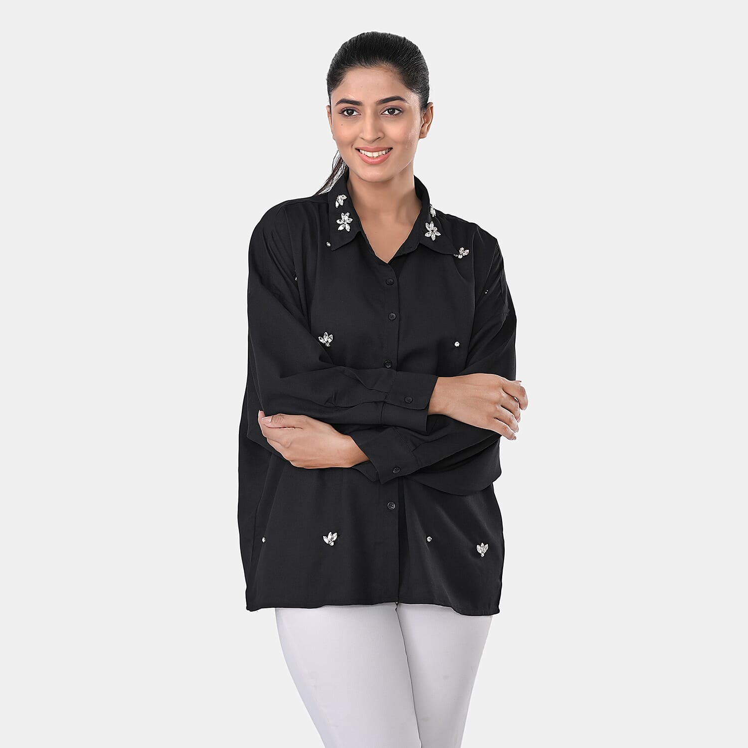 La Marey Black 3/4 Sleeve Blouse with Hand Sewn Jewels - One Size Fits Most