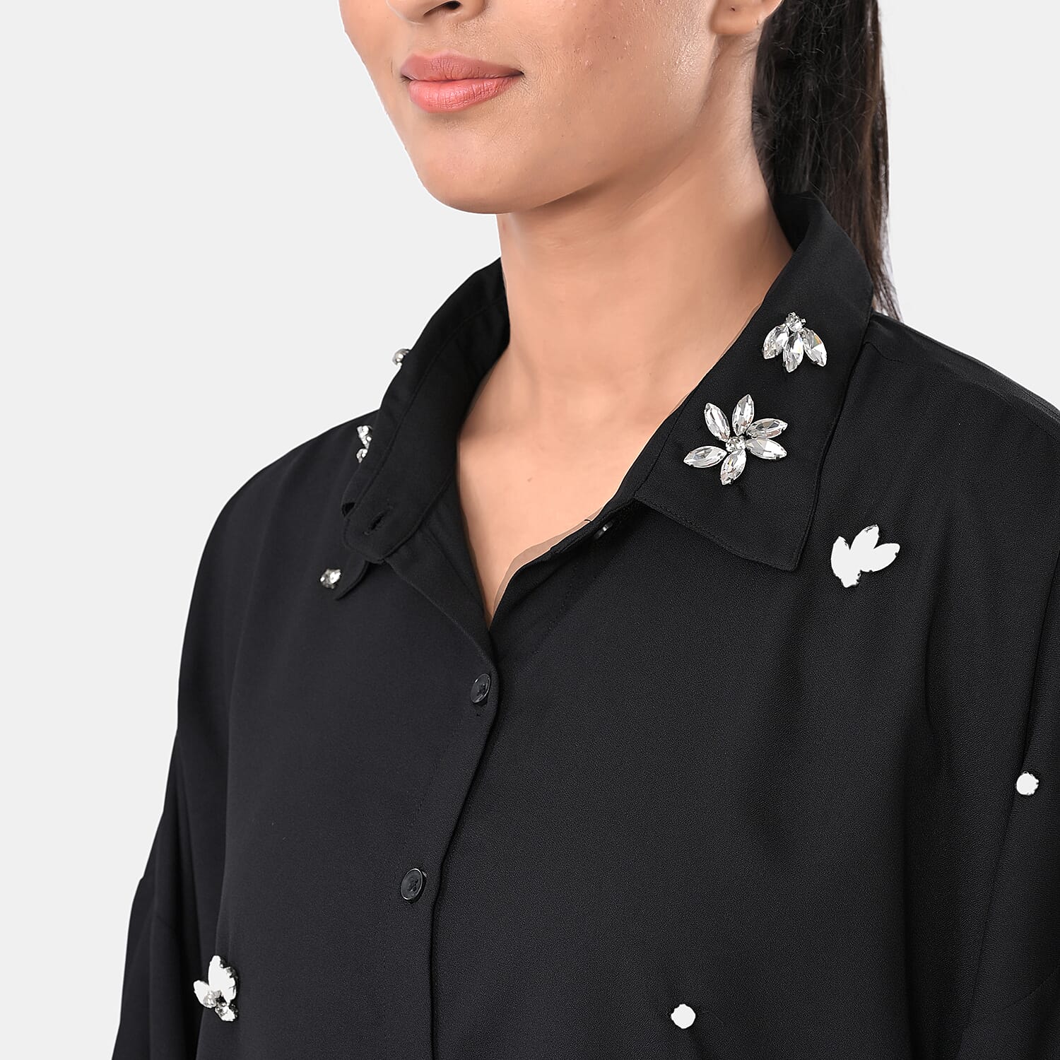 La Marey Black 3/4 Sleeve Blouse with Hand Sewn Jewels - One Size Fits Most