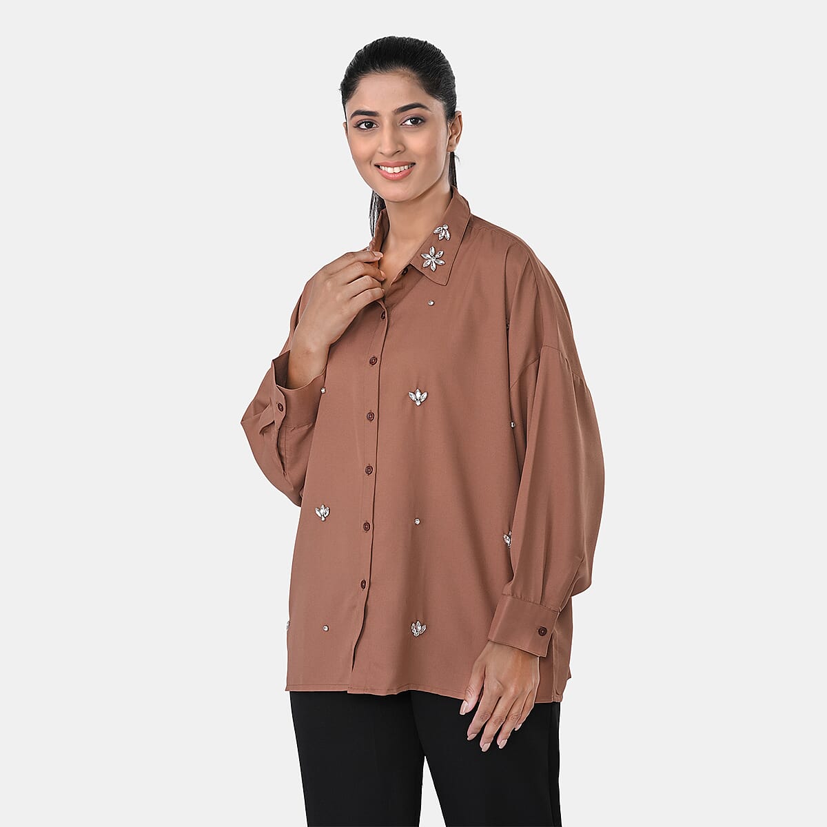 Mocha Embroidered Poly Moss Handwork Shirt- One Size image number 1