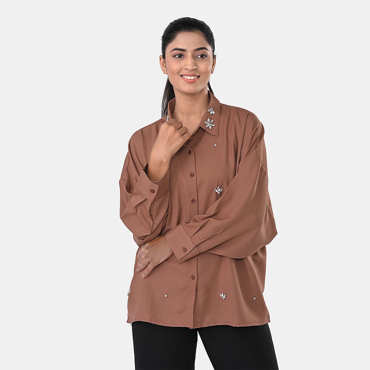 Mocha Embroidered Poly Moss Handwork Shirt- One Size image number 2