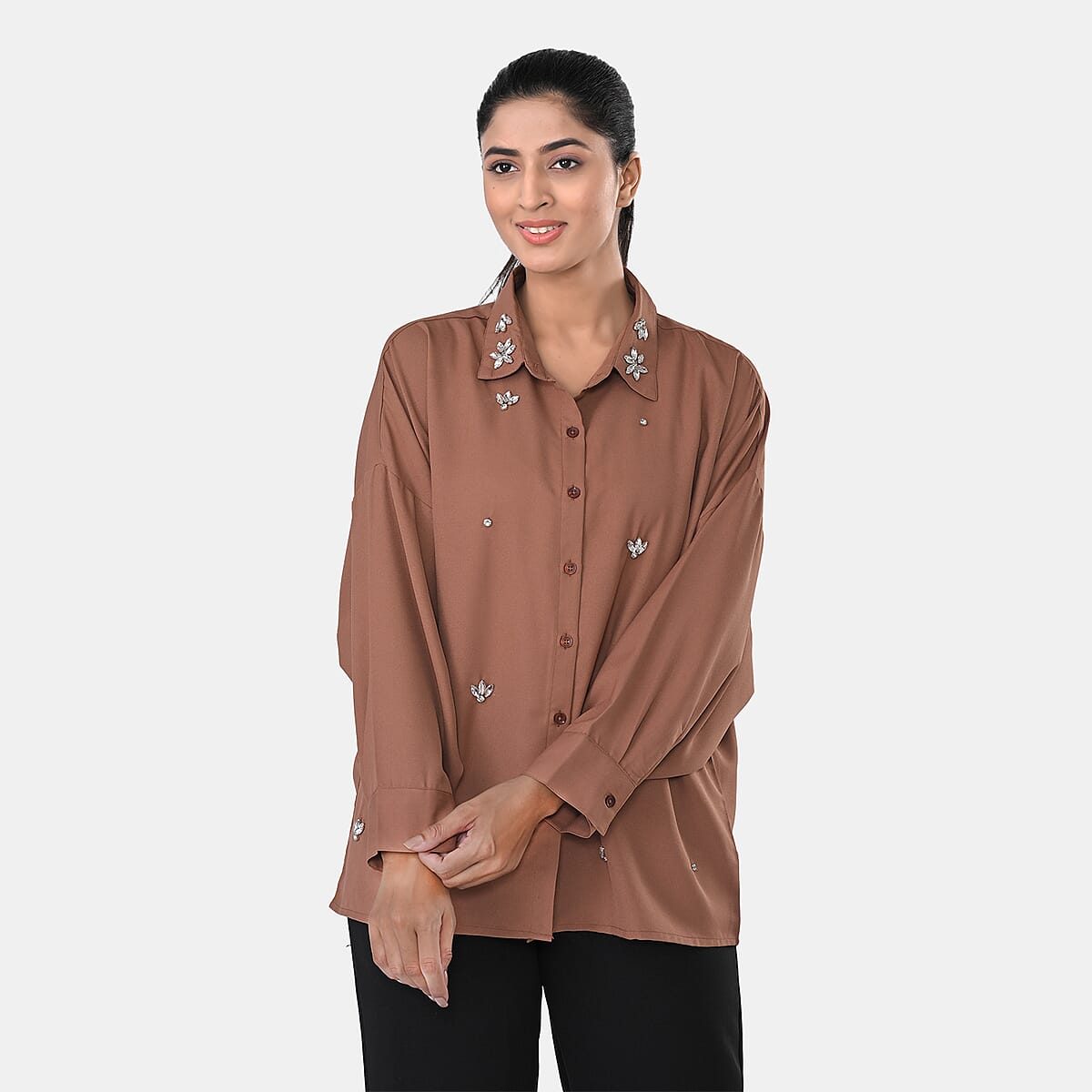 Mocha Embroidered Poly Moss Handwork Shirt- One Size image number 3