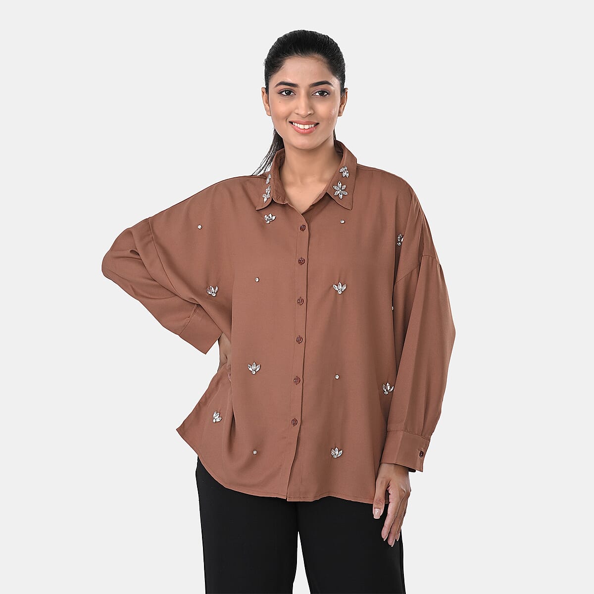 Mocha Embroidered Poly Moss Handwork Shirt- One Size image number 4
