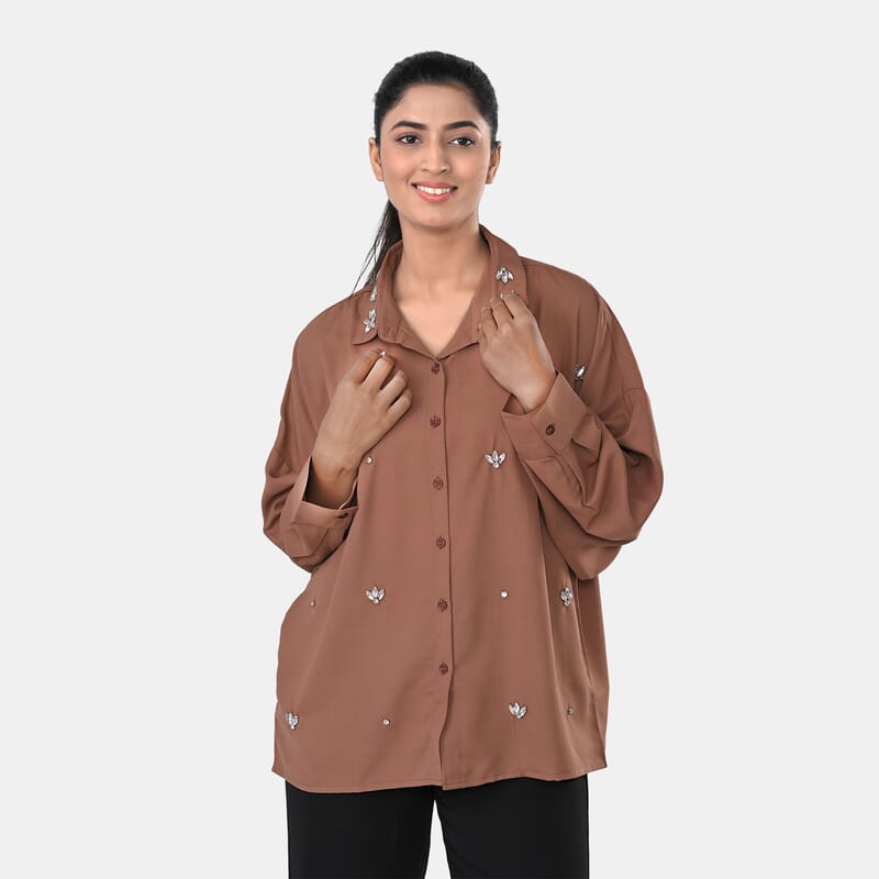 La Marey Mocha 3/4 Sleeve Blouse with Hand Sewn Jewels - One Size Fits Most
