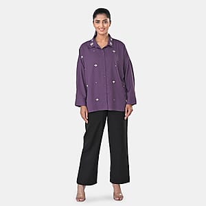La Marey Purple 3/4 Sleeve Blouse with Hand Sewn Jewels - One Size Fits Most