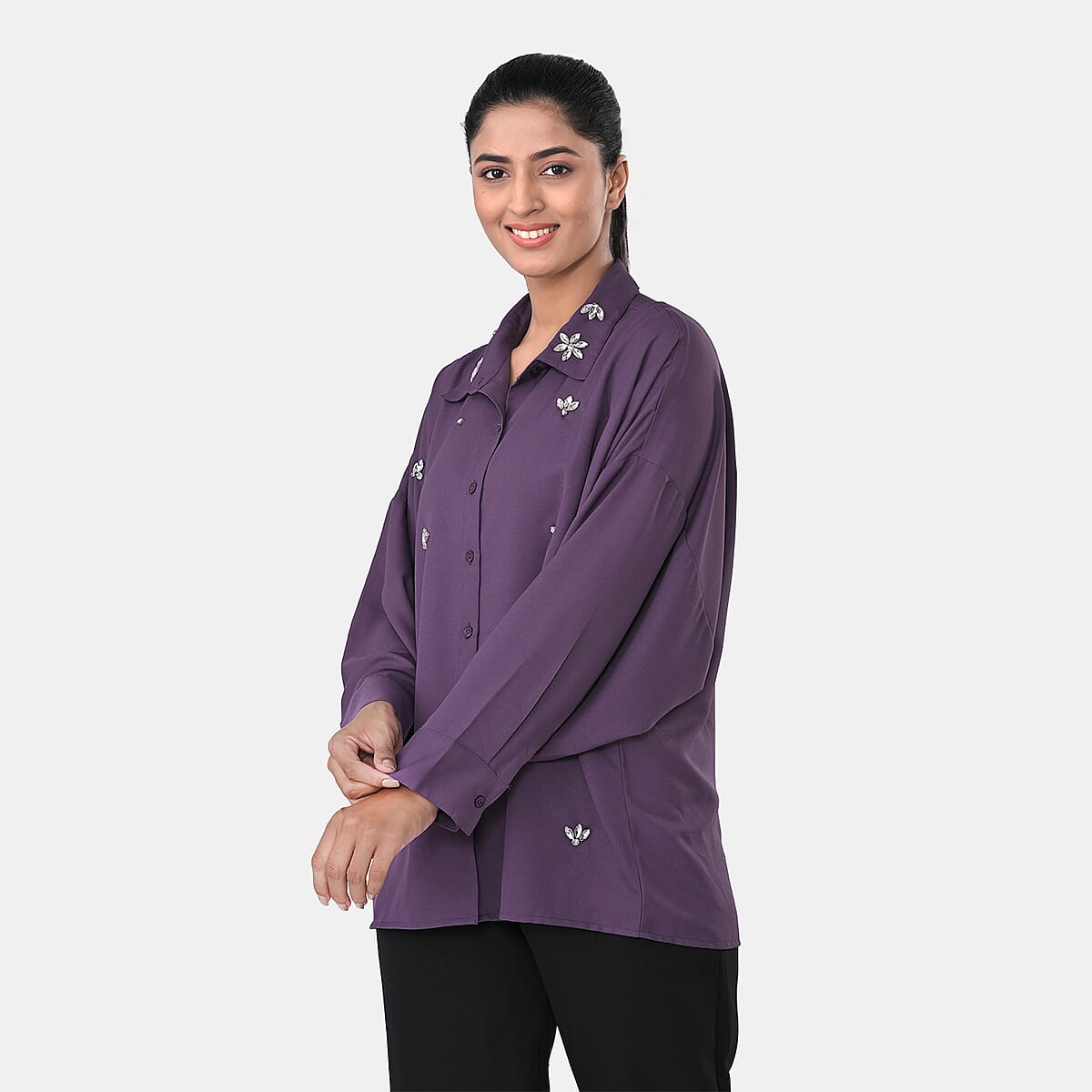 La Marey Purple 3/4 Sleeve Blouse with Hand Sewn Jewels - One Size Fits Most image number 1