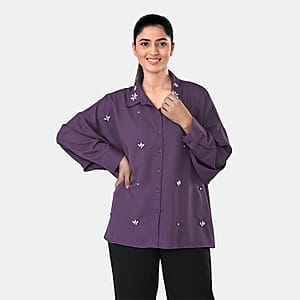 La Marey Purple 3/4 Sleeve Blouse with Hand Sewn Jewels - One Size Fits Most