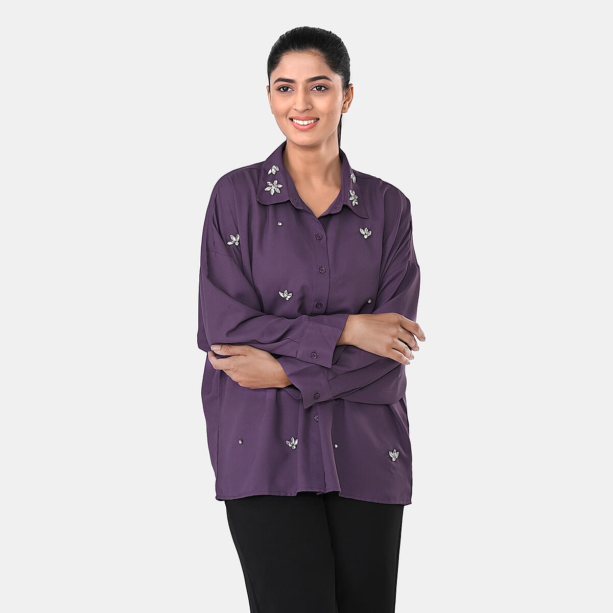 La Marey Purple 3/4 Sleeve Blouse with Hand Sewn Jewels - One Size Fits Most image number 3