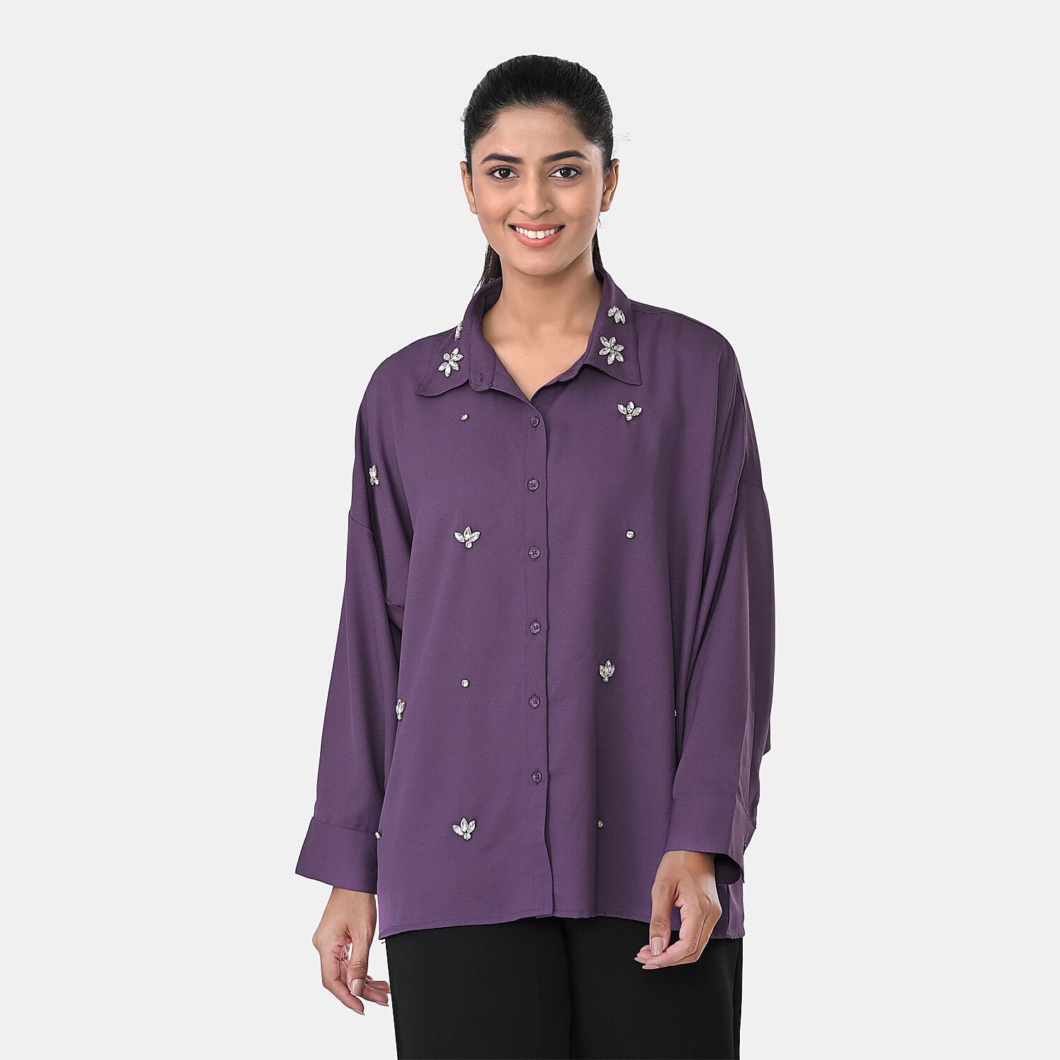 Buy La Marey Purple 3/4 Sleeve Blouse with Hand Sewn Jewels - One