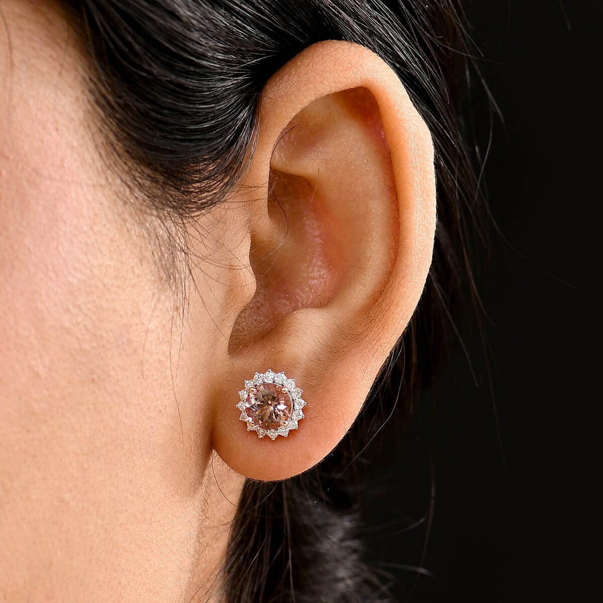 Certified & Appraised Luxoro AAA Marropino Morganite and G-H I2 Diamond 3.22 ctw Stud Earrings in 10K Rose Gold (Del. in 10-15 Days) image number 2